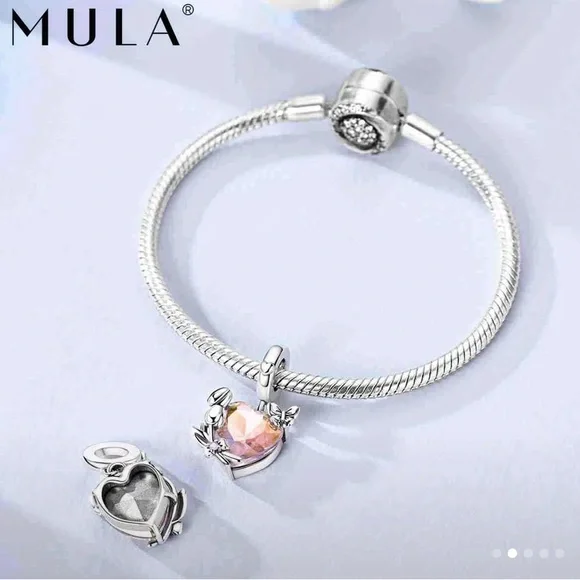 MULA Silver Heart Charm with Crystal Accents and Tulips and Butterflies - Picture 5 of 8